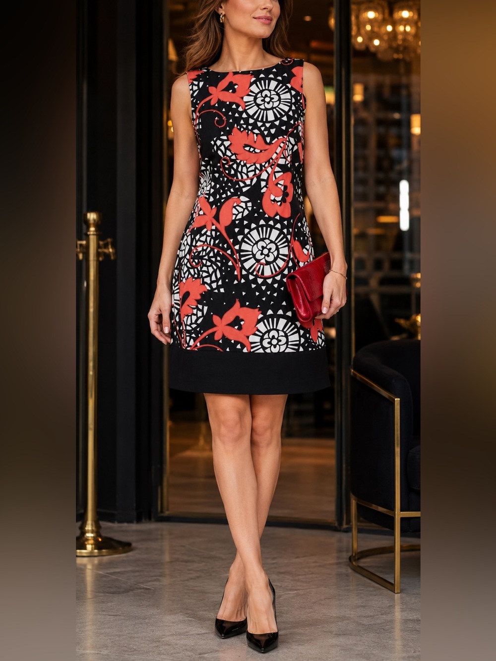 Midi Cocktail Sheath Sleeveless Midi Dress  Floral Accents